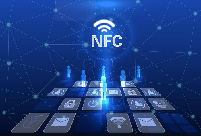 Concept illustration of NFC wireless technology with the letters NFC and interconnected icons on a blue digital network.